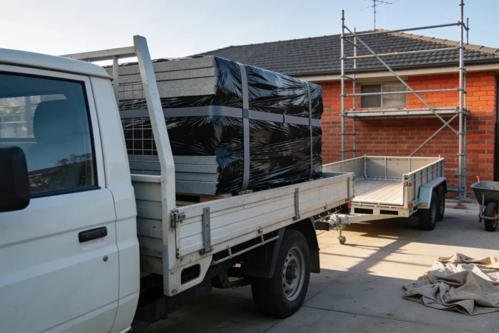 A plain white flatbed ute standing on the concrete driveway of an older single storey Australian brick home midway through a renovation, its tray carrying a load of flat grey cement sheeting wrapped in thick black plastic and sealed with grey tape, with a half empty box trailer behind it, scaffolding standing against the red brick wall, a wheelbarrow and a folded canvas drop sheet on the driveway under a clear sky with long morning shadows