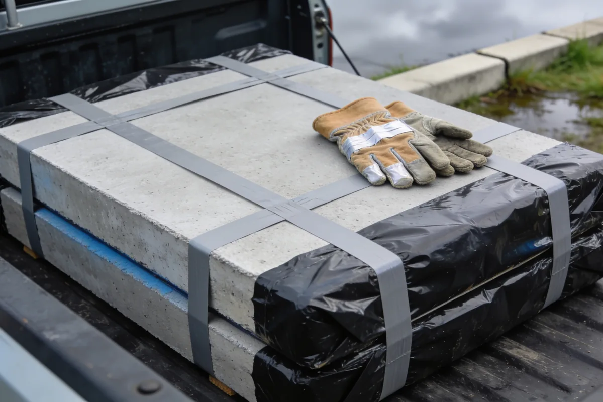 A close view of flat grey cement sheeting wrapped in heavy black builder's plastic with the seams sealed by grey tape, lying flat on the tray of a ute at the kerb of a quiet suburban Australian street on an overcast day, with a pair of taped up work gloves resting on top of the parcel and a wet nature strip and concrete kerb out of focus beyond